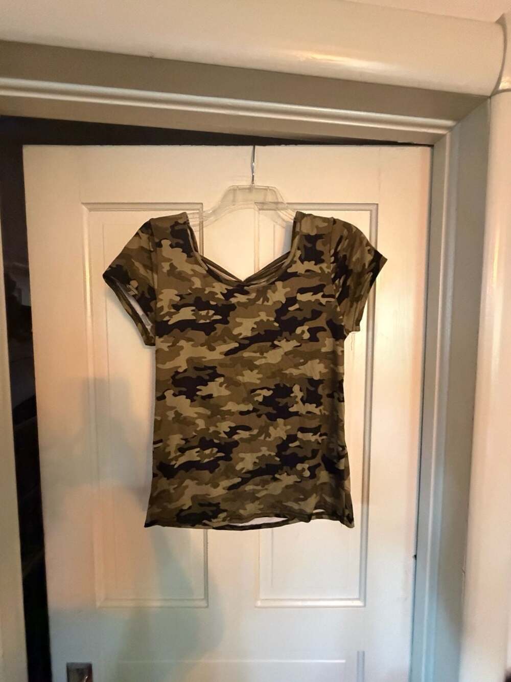 Eye Candy Camouflage T-Shirt Size XL Green Black Cutout Back Top